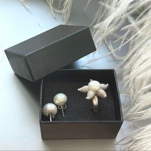 Pearl Starfish Ring and Pearl Earrings Y2K Silver 
 fisherman esthetic